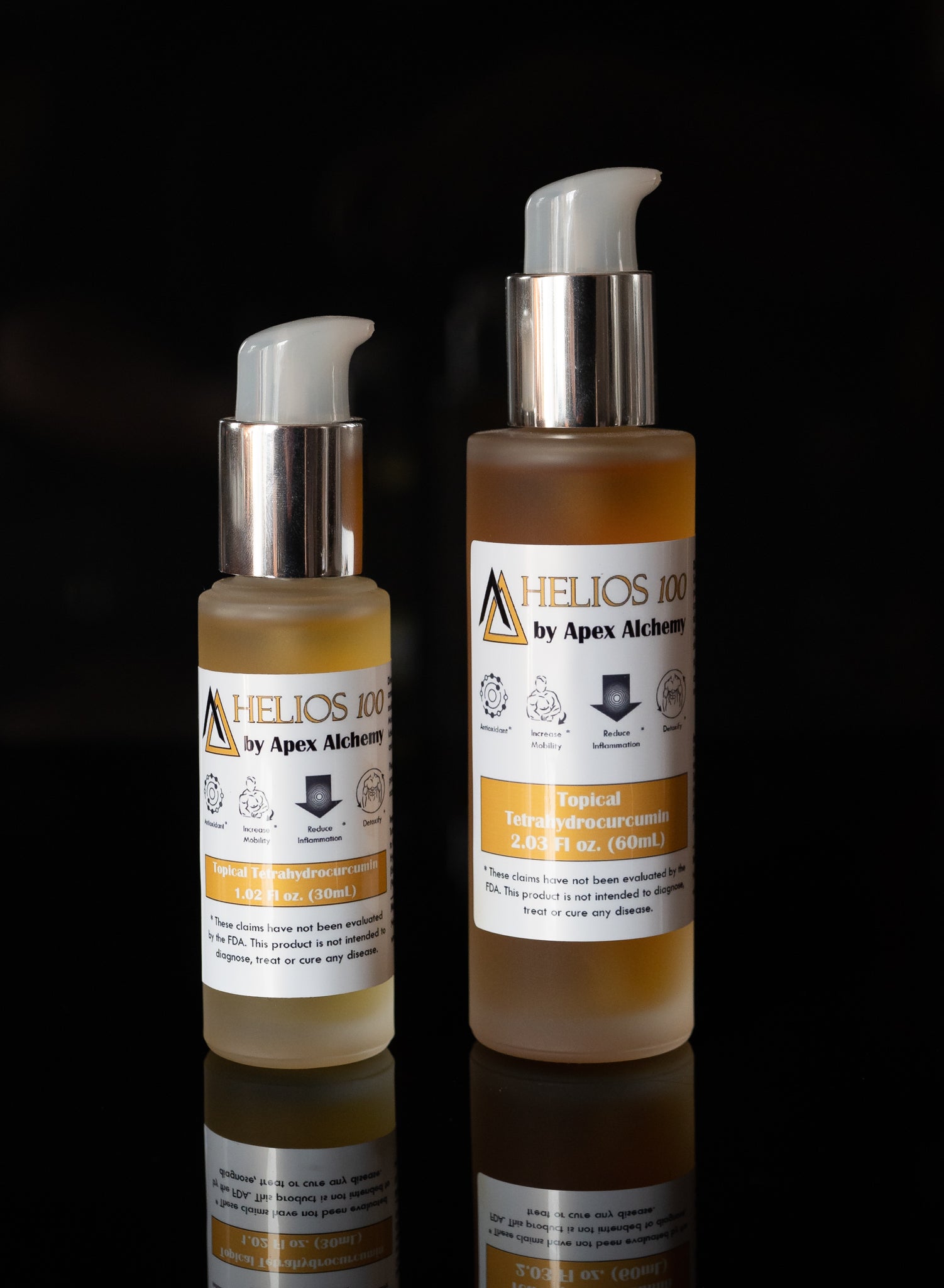 topical tetrahydro curcumin supplement in 30mL and 60mL volumes